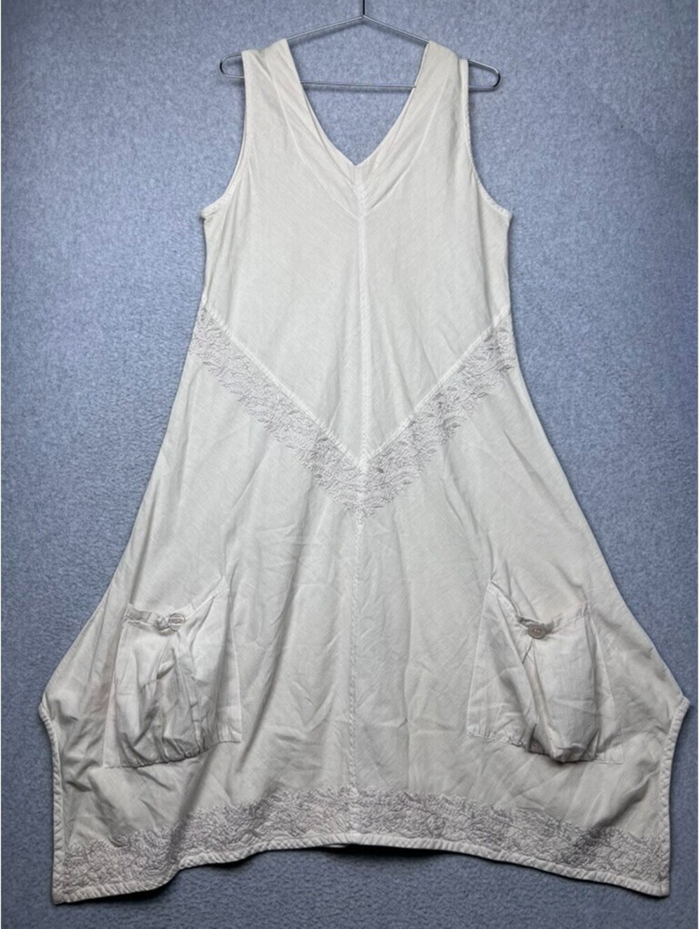 Violet Ruby XXL Cream Cotton Linen Lagenlook Asymmetric Maxi Dress Cargo Pockets